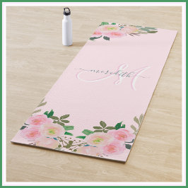 Tapete De Yoga Nome do Monograma Personalizado Floral Cor-de-rosa