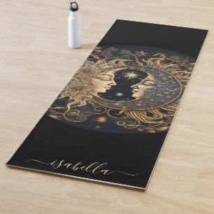 Tapete De Yoga Nome do Script Celestial Sun Moon Dourado Black Yo