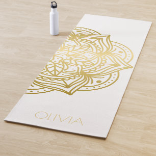Tapete De Yoga Nome Dourado Mandala Branco