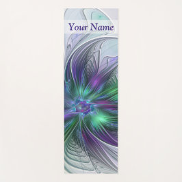 Tapete De Yoga Nome Fractal Abstrato da Flor Verde Roxo