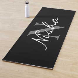 Tapete De Yoga Nome Mínimo Personalizado do Monograma Preto e Bra