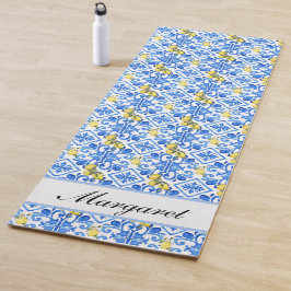 Tapete De Yoga Nome Monograma Aquarela Limão Amarelo Azulejo Azul