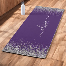 Tapete De Yoga Nome Monograma Glitter Prateado Roxo Feminino