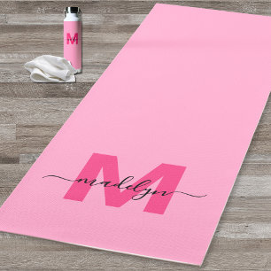 Tapete De Yoga Nome Monograma Personalizado Rosa Quente Feminino