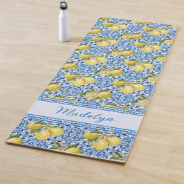 Tapete De Yoga Nome Personalizado Azulejo Azul Mediterrâneo Limão
