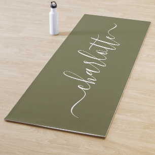 Tapete De Yoga Nome Personalizado Chique Caligrafia Verde Oliva