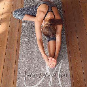 Tapete De Yoga Nome Personalizado da Glitter da Cinza Moderna