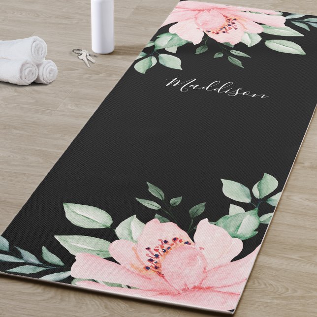 Tapete De Yoga Nome Personalizado Floral (Black And Pink Flower Yoga Mat)