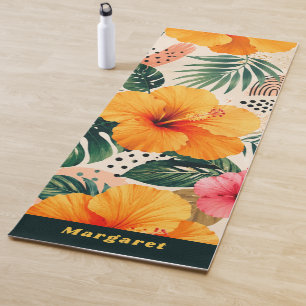 Tapete De Yoga Nome Personalizado no Floral de Hibisco Tropical V