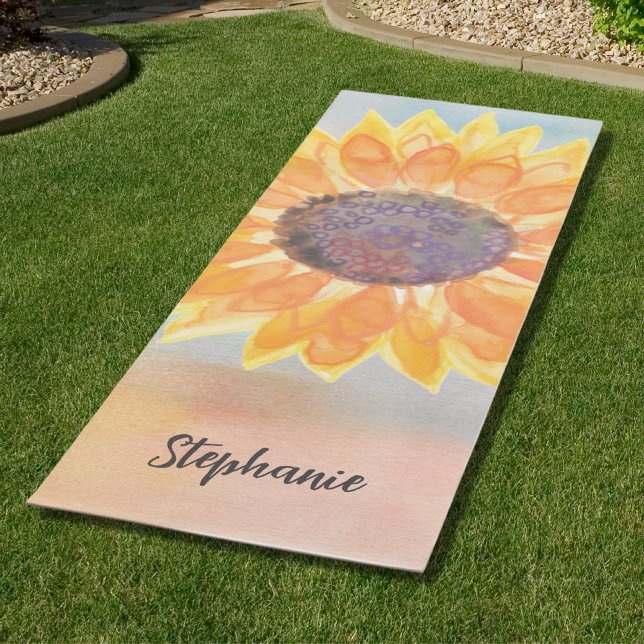 Tapete De Yoga Nome personalizado Watercolor Sunflower (Criador carregado)