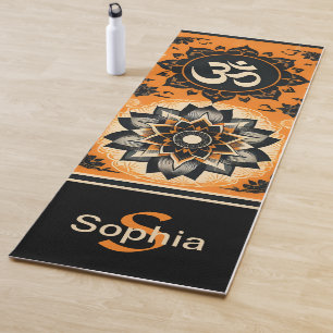 Tapete De Yoga Om e Mandala em laranja e preto