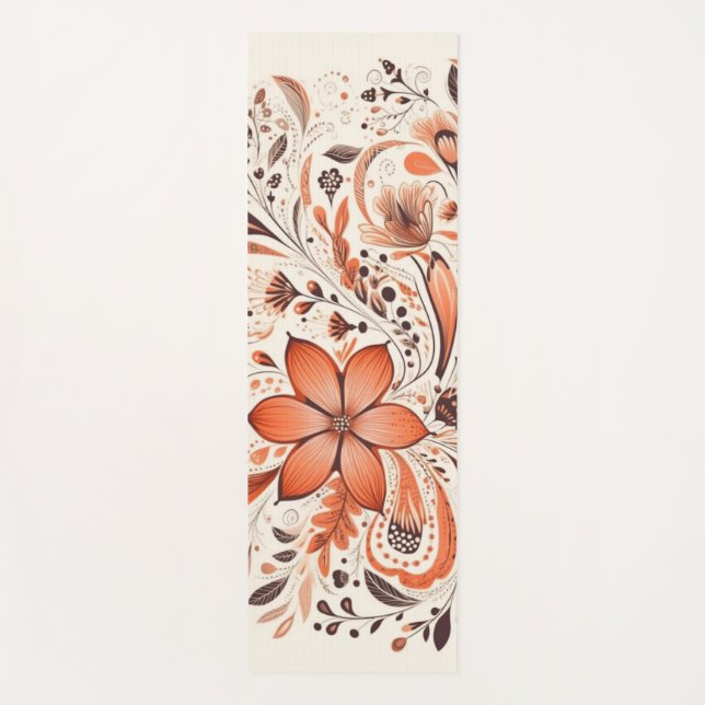 Tapete De Yoga Orange Brown Folk Floral (Frente)