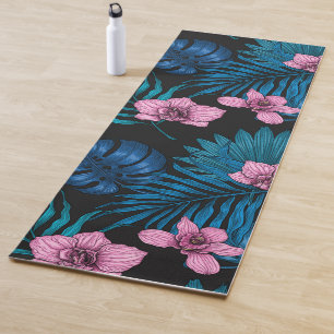 Tapete De Yoga Orquídeas e palmeiras, cor-de-rosa e azul sobre pr