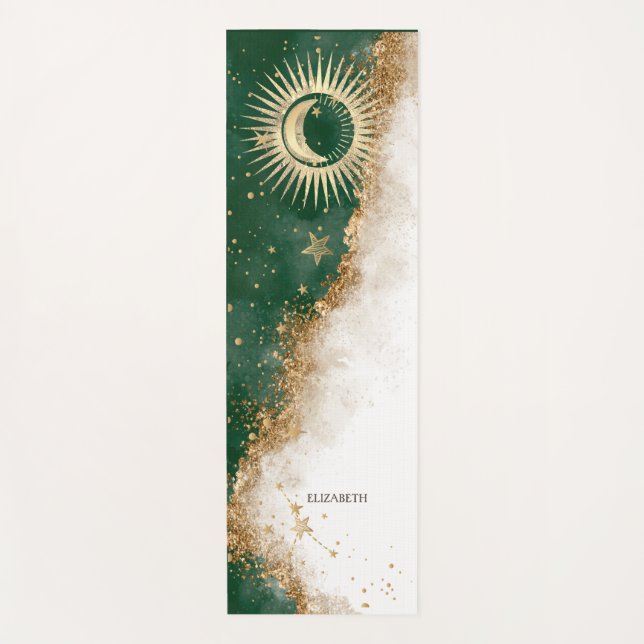 Tapete De Yoga Ouro Celestial Sol e Lua Estrelas Verde (Frente)