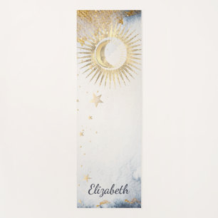 Tapete De Yoga Ouro Celestial Sol, Lua, Estrelas Aquarela 