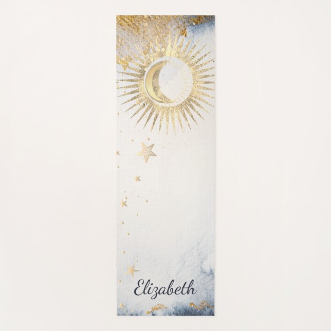 Tapete De Yoga Ouro Celestial Sol, Lua, Estrelas Aquarela  (Frente)