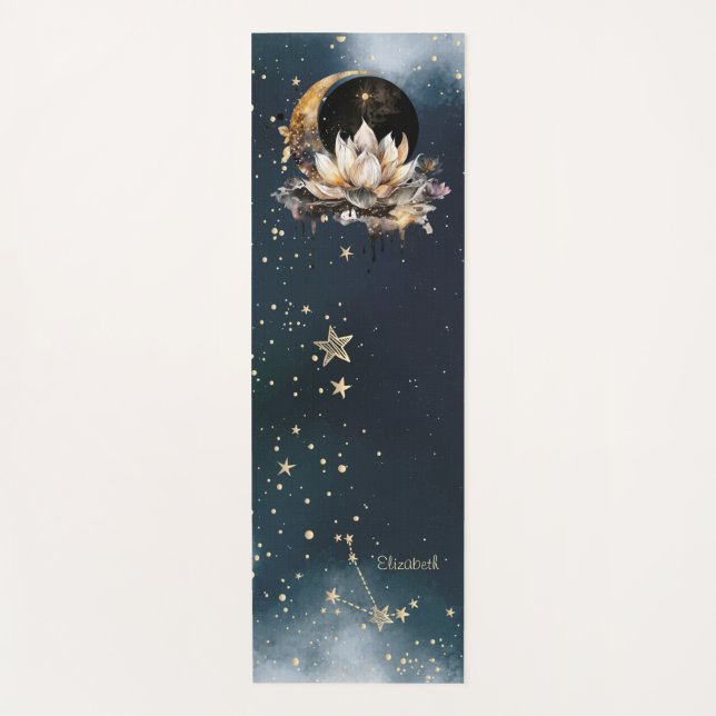 Tapete De Yoga Ouro Celestial Sol, Lua, Estrelas Lótus Céu Noturn (Frente)
