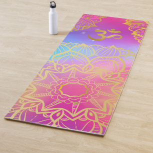 Tapete De Yoga Ouro Om Boho Rainbow Watercolor Mandala