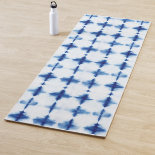 Tapete De Yoga Padrão Abstrato Shibori Azul Índigo Amarelo com Ti