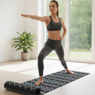 Tapete De Yoga Padrão Aconchegante de Tricô Preto e Cinza