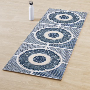 Tapete De Yoga Padrão Antigo de Porcelana Azul e Branco Chinesa