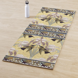 Tapete De Yoga Padrão Art Nouveau de Orquídea Beija-Flor Vintage