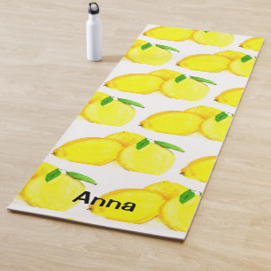 Tapete De Yoga Padrão Botânico de Fruta Amarelo de limão de Aquar