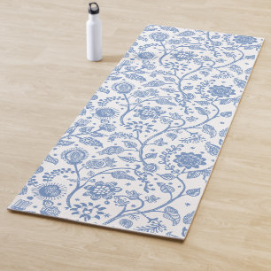 Tapete De Yoga Padrão Botânico Floral Branco Azul Caprichoso Boho
