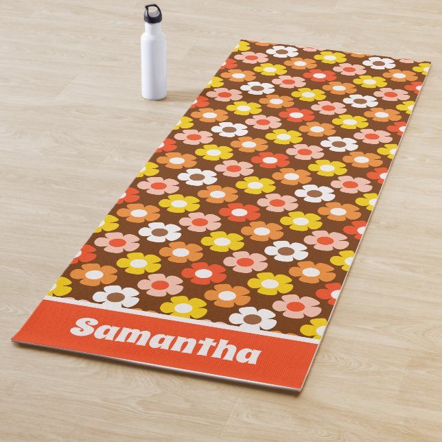 Tapete De Yoga Padrão das flores de outono de Retro Castanho (In Situ)