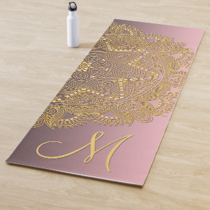 Tapete De Yoga Padrão de Arte Dourado Mandala em Cor-de-rosa-Ros