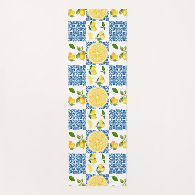 Tapete De Yoga Padrão de Azulejo País Francês Mediterrâneo Limão (Frente)