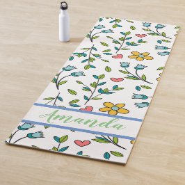 Tapete De Yoga Padrão de Coração e Floral Coloridos Desenhados à 