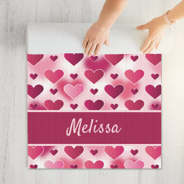 Tapete De Yoga Padrão de Corações Rosa Com Nome Personalizado