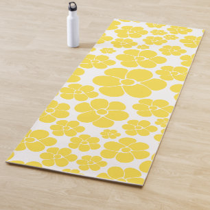 Tapete De Yoga Padrão de Flor - Amarelo-Limão e Branco