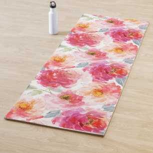 Tapete De Yoga Padrão de Flor de Peony de Aquicultura Cor-de-Água