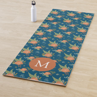 Tapete De Yoga Padrão de Flor de Pêssego Vintage Monograma Azul E