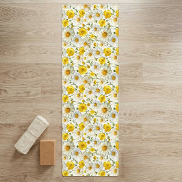 Tapete De Yoga Padrão de Flor Silvestre de Aquarela Amarela