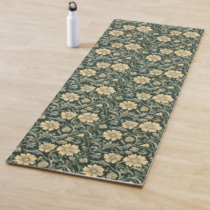 Tapete De Yoga Padrão de flores amarelas estilizadas em verde esc