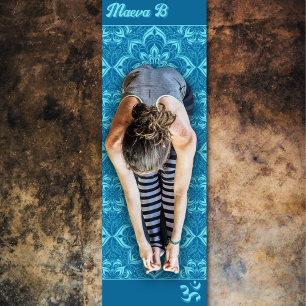 Tapete De Yoga Padrão de flores geométricas azuis símbolo Om