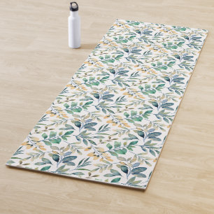Tapete De Yoga Padrão de Folha Verde e Amarelo de Aquarela Fresca