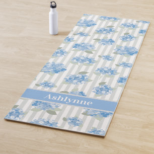 Tapete De Yoga Padrão de Hortênsia Azul Elegante Faixa Cinza Nome
