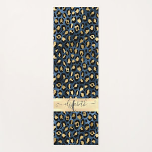 Tapete De Yoga Padrão de Leopardo Azul Dourado Monograma