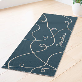 Tapete De Yoga Padrão de Loops Geométricos Bege no Azul e Nome