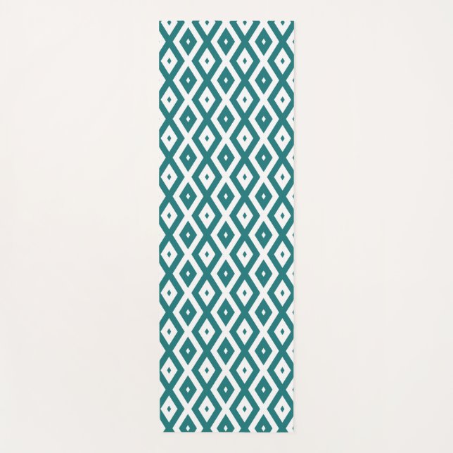 Tapete De Yoga Padrão de losango branco e teal (Frente)