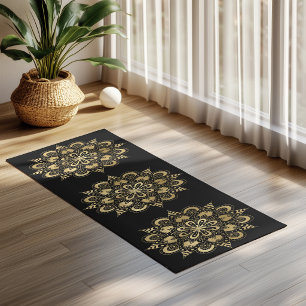 Tapete De Yoga Padrão de Mandala Dourada Preto Boho