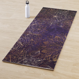 Tapete De Yoga Padrão de Mandala Floral Elegante, Dourado e Roxo