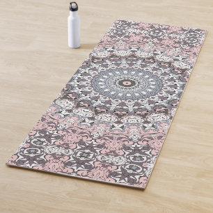 Tapete De Yoga Padrão de Mandala Rosa Cinza e Branco