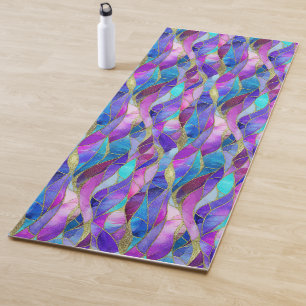 Tapete De Yoga Padrão de mosaico de vitral roxo e azul