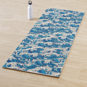 Tapete De Yoga Padrão de Onda Azul Náutica de Hokusai