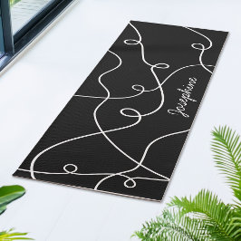 Tapete De Yoga Padrão e Nome de Loops Geométricos Preto e Branco